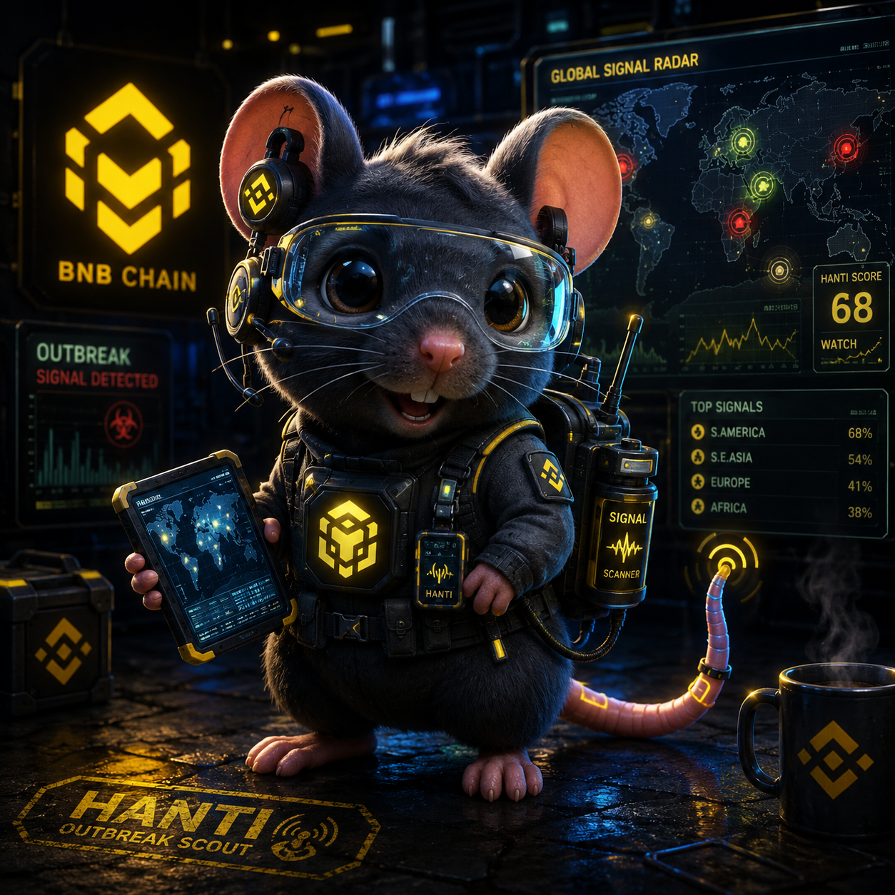 HANTI mascot — a cute lab rat in tech gear